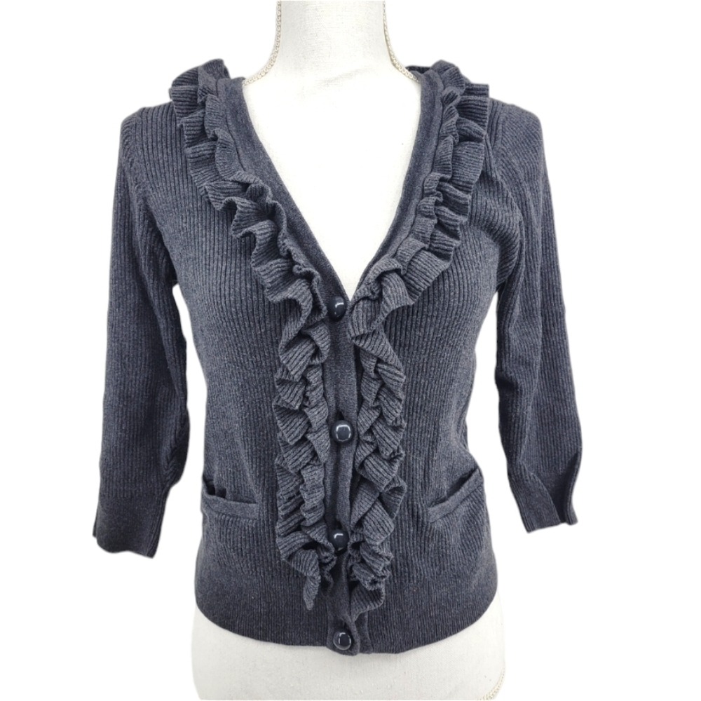 Talbots Petite Ruffle Front Button Up Cardigan